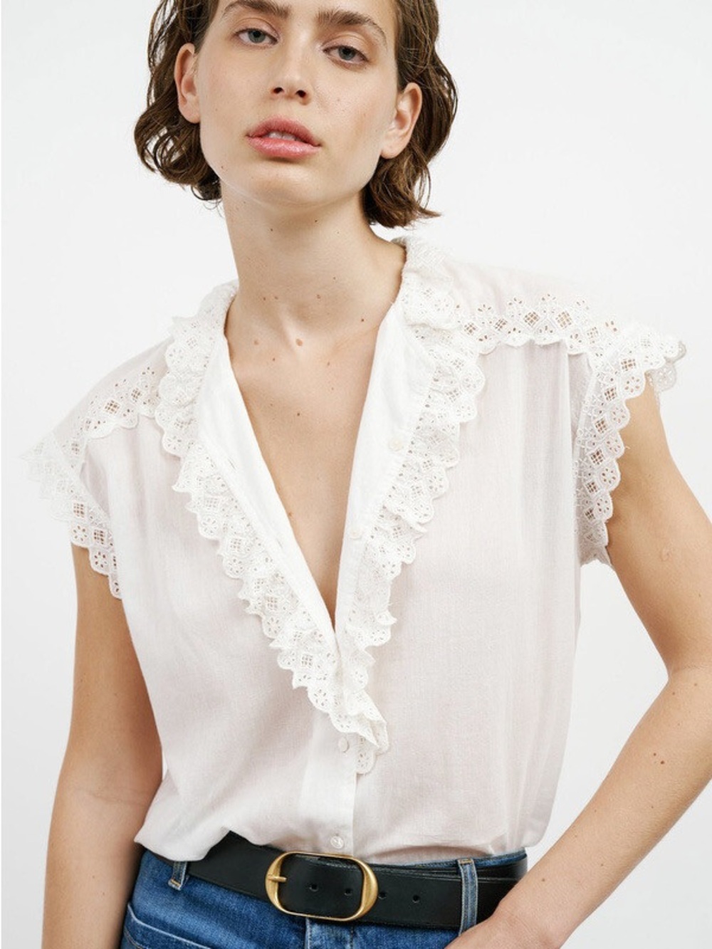 Nili Lotan Leanne White Lace Trim Blouse